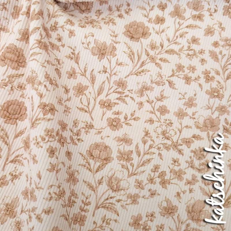 Ribjersey Blumen beige 7159 schmale Rippen