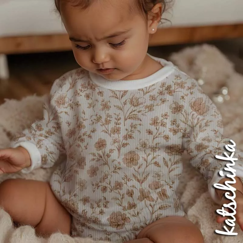 Ribjersey Blumen beige 7159 schmale Rippen