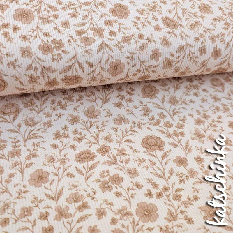 Ribjersey Blumen beige 7159 schmale Rippen