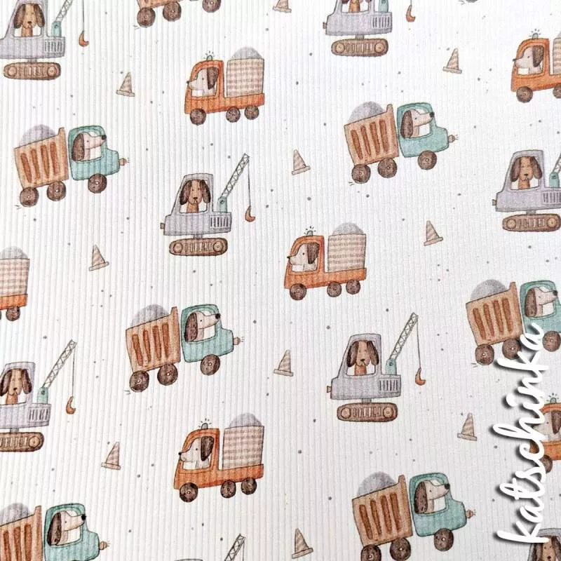 Rippenjersey mit Baufahrzeug Motiv auf hellblauem Hintergrund – weicher Ribjersey Kinderstoff mit Polizeiautos als Detailaufnahme