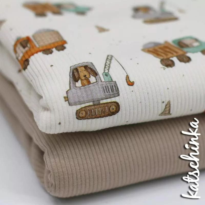 Rippenjersey Stoff mit Baufahrzeug Muster – hochwertiger Ribjersey Kinderstoff gefaltetals Stoffpaket
