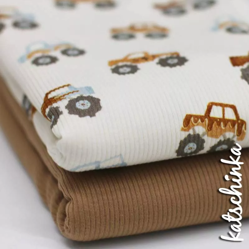 Rippenjersey Stoff mit Monstertruck Muster – hochwertiger Ribjersey Kinderstoff gefaltetals Stoffpaket