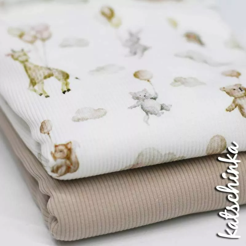 Rippenjersey Stoff mit Tiere in der Luft Muster – hochwertiger Ribjersey Kinderstoff gefaltetals Stoffpaket