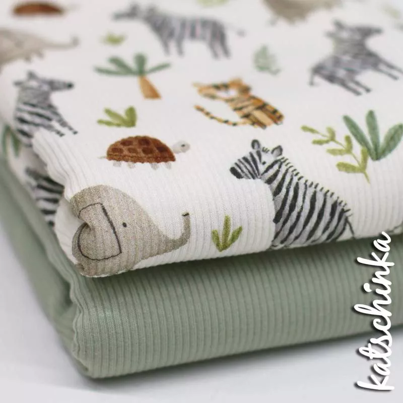 Rippenjersey Stoff mit Safari Muster – hochwertiger Ribjersey Kinderstoff gefaltetals Stoffpaket