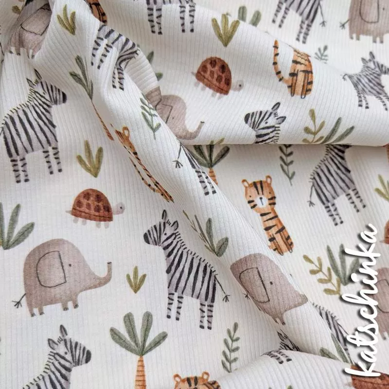 Rippenjersey mit Safari Motiv auf hellblauem Hintergrund – weicher Ribjersey Kinderstoff mit Polizeiautos als Detailaufnahme