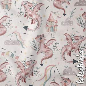 Bio Baumwolljersey Stoff mit Drachen und Schloss Motiv auf hellem Hintergrund – Kinderstoff als Meterware für Nähprojekte