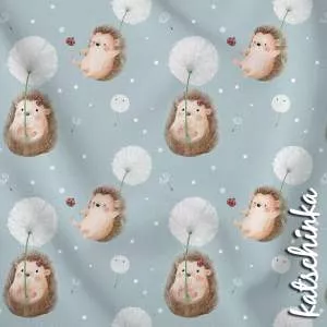 Baumwolljersey mit Igelmotiv – niedliche Igel mit Pusteblumen auf hellblauem Hintergrund