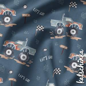 Baumwolljersey Stoff mit Monstertruck Motiv auf blauem Hintergrund – Kinderstoff als Meterware für coole Nähprojekte