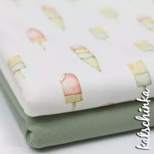 Baumwolljersey Stoff mit Eis Motiv in Naturtönen auf ecru Hintergrund – Kinderstoff als Meterware zum Nähen von Baby- und Kinderkleidung