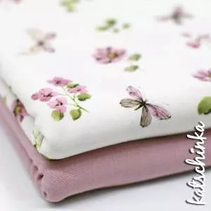 Baumwolljersey Stoff mit Gänseblümchen und Mohnblüten in zarten Farben auf weißem Hintergrund