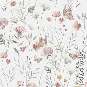 Baumwolljersey Stoff mit Flowers and Butterflies und Mohnblüten in zarten Farben auf weißem Hintergrund