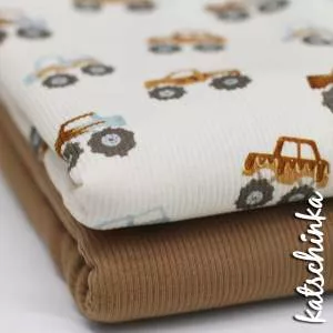 Rippenjersey Stoff mit Monstertruck Muster – hochwertiger Ribjersey Kinderstoff gefaltetals Stoffpaket