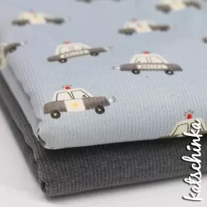 Rippenjersey Stoff mit Polizeiauto Muster – hochwertiger Ribjersey Kinderstoff gefaltetals Stoffpaket